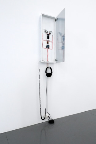 SAMUEL SCHARF You Fucked. Fuck You 2011, found vanity cabinet, various electronics, looped audio, 35 x 14 x 4 inches. Installation view: ACADEMY 2011, Conner Contemporary Art.