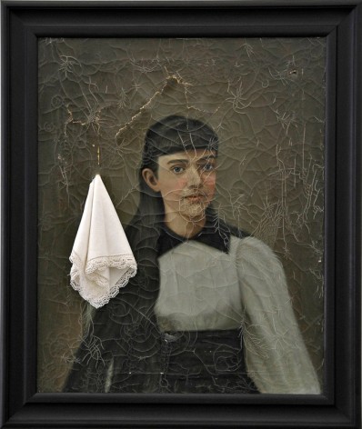 JOHN KIRCHNER Caro Senorita 2008, framed oil on canvas and linen handkerchief, 32 x 27 inches.
