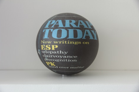 Susan MacWilliam  Parapsychology Today  2013-14, inkjet paper, plastic sphere, 6 x 6 x 6 inches, unique.