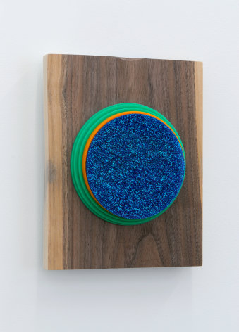 Joe Ovelman Blue Sparkle Sphere wood, plastic, reclaimed leather, 10 x 8 x 2 inches