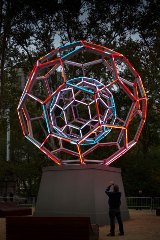LEO VILLAREAL Buckyball light emitting diodes, custom software Installation view: Madison Square Park, New York, NY.