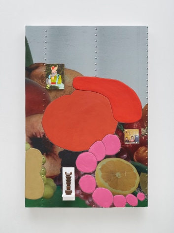 A photograph of a mixed media artwork that has a photograph of citrus fruit in the background, and blobs of red, pink, orange, and yellow on top of it. There are also small collaged pieces of paper that depict artworks.