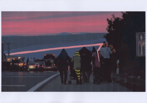 A film still of 5 figures walking on the sidewalk with their backs to us, with a bright pink sunset and cars in the background.