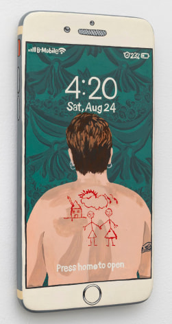 A painting of Catherine Opie's famous back tattoo photograph depicted on a photo-realist iphone