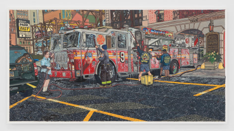 A painting of firefighters washing a firetruck on the street of NYC during the summer. There is water bubbly.