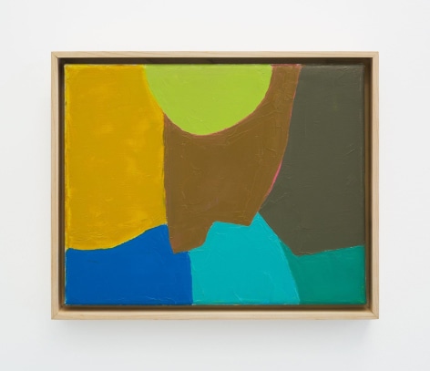 An abstract composition of yellow, blue, teal, sky blue, lime green, brown, and moss green. The shapes are all organic and irregular.
