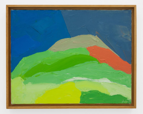 An abstract painting of a mountain in green, blue, and red tones