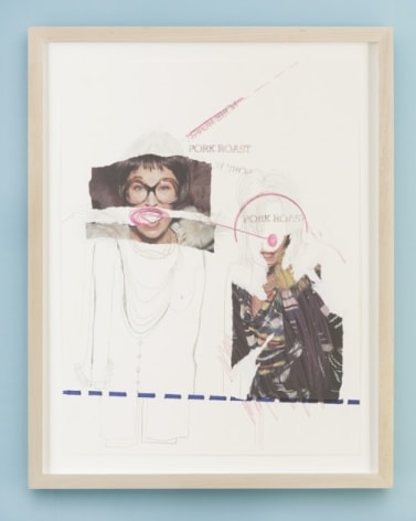 A photo collage that has a blue dotted line along the bottom fifth of the work. There is a cut-out of a woman in glasses (just eyes and hair), and another mouth. She has her clothing drawn in pencil. At right is a photograph of an outside. The words &quot;PORK ROAST&quot; are written near each figure's head.