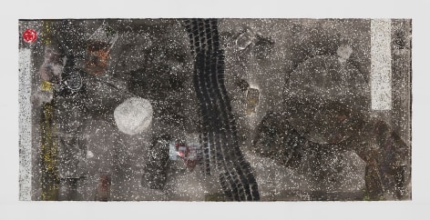 A 3D print with tire tracks and found objects collaged onto the surface, mostly black and white ink