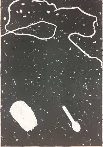 A print of a black ground with white specks, a plastic spoon, a compressed can, and a rope along the top. All black and white.