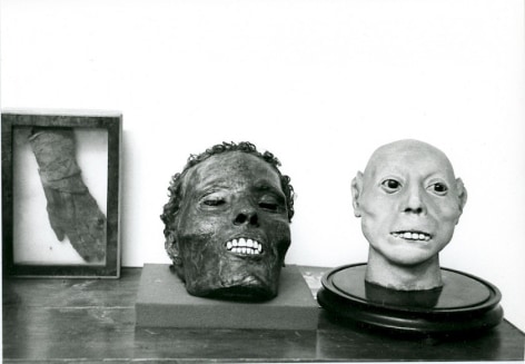 A black and white photograph of one preserved hand, and two preserved dried heads on pedestals. All three elements are situated on a flat surface with a white background.
