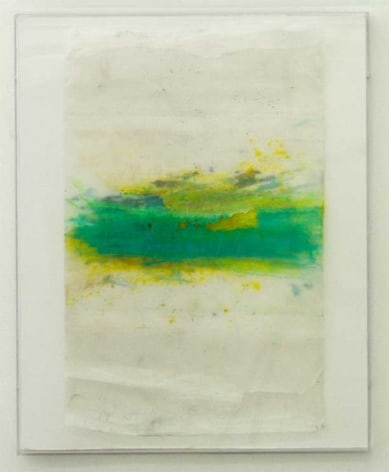 An abstract composition with green and yellow, mostly composed on the central horizontal line.