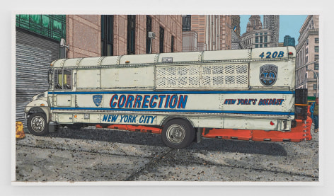 A white NYPD Corrections bus parked in a cement driveway, with NYC buildings in the background.