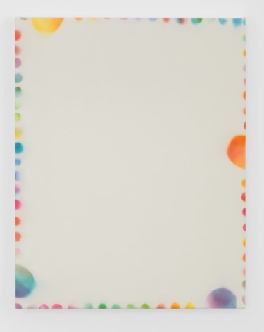 A painting on cream ground. There are multi-colored dots lining the edge of the canvas. There are 4 semi-circles coming off the edges that are larger than the other circles. They are blue/green (left), purple/blue (bottom), orange (right) and yellow (top).