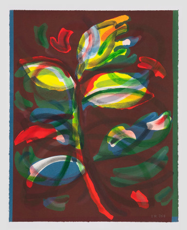 An abstracted and layered image of a sprig of leaves, with many layers of color peaking through (yellow, green, red, blue), upon a maroon ground