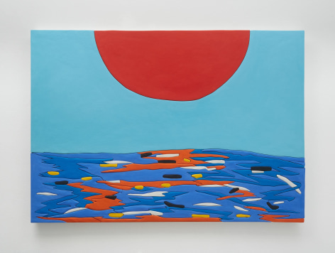 A photograph of an artwork that has a large red semi-circle emerging from the top center. On the bottom there is a surface that includes blue, yellow, orange, and black sections, appearing like the ocean with the red sunset reflecting off of it.