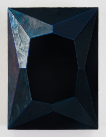 A painting of an abstracted face of a diamond. There is refracted color, and the artwork is mostly black. At the top-left, there are wisps of cream, blue, and white to indicate shine.