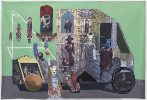 A mixed media artwork that depicts a tuk-tuk with varied patterns throughout. There are hybrid human-animal figures throughout the work. The tuk-tuk is on a gray surface with a green background.