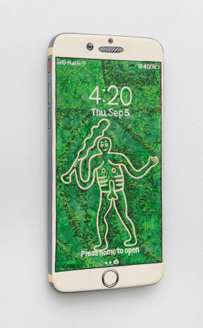 Iphone made of wood and painted with the Cerne Abbas Giant on the front