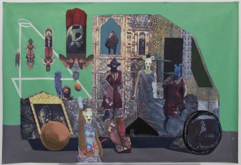 A painting on canvas of a tuk-tuk, including collaged images of masked figures, some are upside-down.