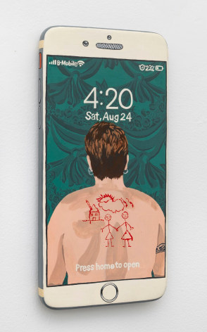 Iphone made of wood and painted on the surface with a photograph of Catherine Opie