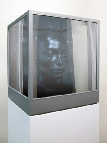 A sculpture of a human face within a silver vitrine, upon a pedestal