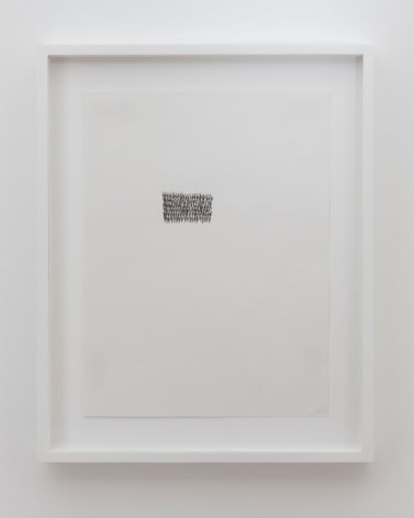 A very small composition of dense black lines that appear to be &quot;p&quot;'s layered on top of one another. The rectangle is in the center, somewhat to the left. The work itself is framed in white.