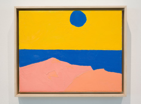 An abstract image made up of yellow (top half), with a blue circle near the top. The bottom half of the canvas has blue, pink, and salmon tones. It resembles a sunset scene.