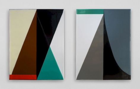 Two vitreous enamels on steel hung on a white wall next to each other. The work on the left is made up of differently sized triangles in yellow, brown, black, green, and white. On the right the work is white, black, steel blue, and green. Both works have a central vertical line.