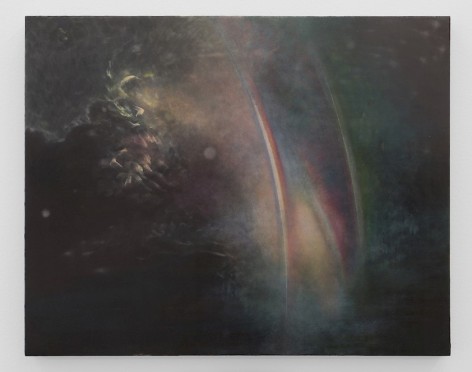 An abstract painting that appears to be inspired by a dark ocean night. There are several streaks of rainbows that appear faintly, vertically, in the center of the canvas. There are also wisps of movement at left.