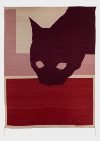 A wool rug with a purple silhouette of a cat, layered on top of 2 quadrants (one red, one pink)