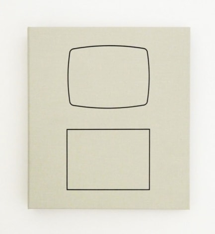 A photograph of the front cover of this artwork: pale cream ground with a square and rounded rectangle outlined in black.