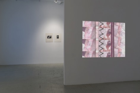 A photograph that depicts a Luther Price projection on a temporary wall, with images of a burned forearm repeated. In the background we see 2 photographs on the wall behind the temporary wall, which runs parallel to the temporary wall.
