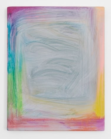 A multi-colored painting that has a texture like colored pencils. There are brushstrokes visible around the exterior of the piece, and the center depicts gray-blue brushstrokes. The border of the work includes most colors: red, green, blue, purple, pink, yellow, orange.