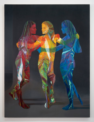A gathering of three women, naked, painted photorealistically in red, yellow, and blue. They look like they are made of cellophane, and are reflective, somewhat flat.