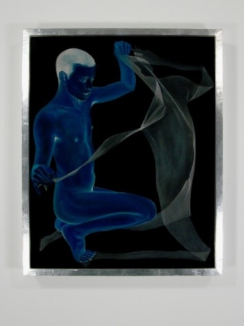 A painting of a man, drawn in blue, squatting and holding a white sheet. The background is black.
