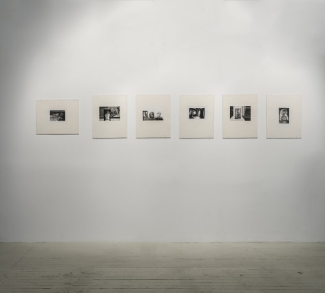 6 Herv&eacute; Guibert black and white photographs on cream mattes in a straight line on a single wall.