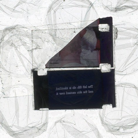 A single slide from Luther Price's video projection. In the center are two pieces of film, seemingly taped to one another, with an unidentifiable image and text. Surrounding these two pieces are abstract gray lines on a white background.