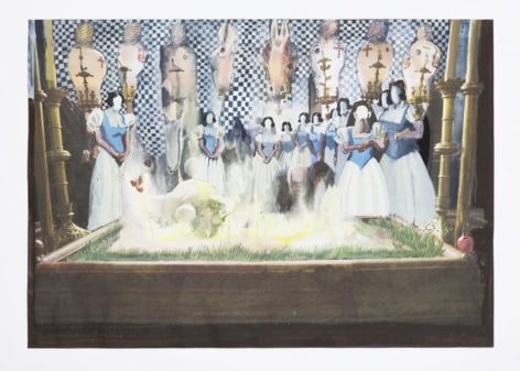 A painting with a magazine page as a base. Painted upon the page is a black-and-white pattern of squares in the background; formal ladies with white nondescript faces, and an illuminated grassy pit of light.