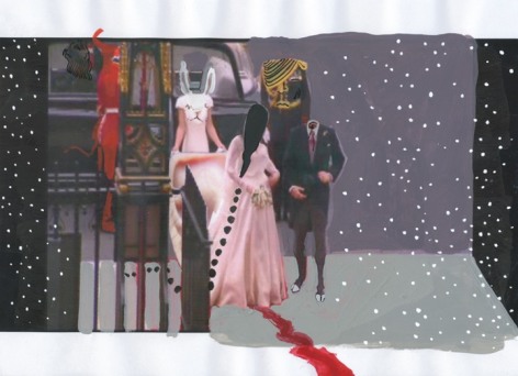 A film still that depicts a pink dress without a head emerging from a car. There is a male figure next to it with no head. There is a figure holding the dress near an automobile that has a bunny head.