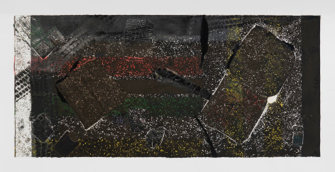 A collograph print by Kahil Robert Irving with tire marks, red/green/yellow splotches of color, and a white bar of color at left. Also includes found objects (pizza box, empty cigarette carton, McDonald's french fry box) embedded in the surface.