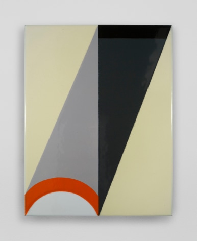 An enamel painting with a central vertical axis. There are triangular shapes in grey, black, and yellow, with an orange semicircle at bottom.