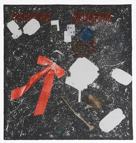 A square print that is mostly black with specs of white throughout. There is a large red Christmas bow attached to the paper at left, a 2 of spades playing card, and a piece of hair also attached and visible. There are white shapes that resemble a crushed soda can and styrofoam clamshell.
