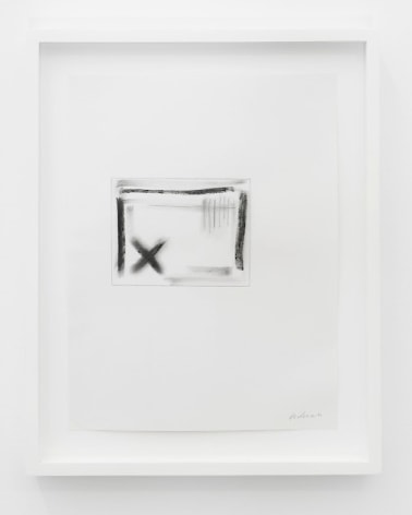 A black and white drawing of an incomplete square. At the bottom-left is a large X, and there are some gray strains along the bottom edge. There is also some striation in gray, running vertically, along the top-right of the shape.