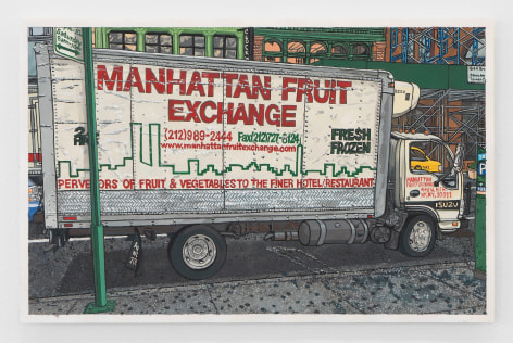 The side of a box truck that says &quot;MANHATTAN FRUIT EXCHANGE&quot; in bold red letters