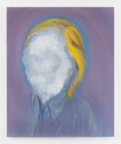A painting on canvas with a purple striated background. There is a bust centrally placed with blonde hair and a face that appears to be a cloudy surface with white and gray tones. The person is wearing a collared shirt, and their head is enclosed in a blue orb.