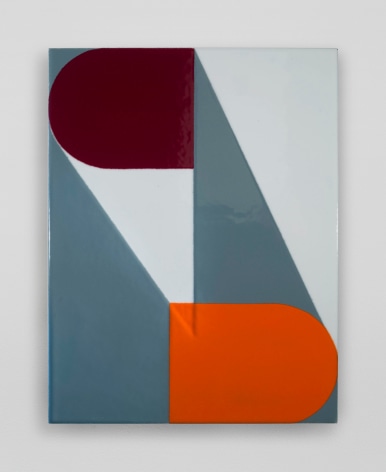 An enamel painting with spherical and triangular shapes in orange, white, blue, and maroon.