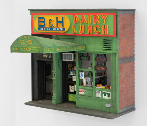 A sculpture hung on the wall that recreates B&amp;H Dairy Luncheonette in Manhattan, and it's accompanying doorway with all details (counter, signage, vents) made of foam or paper