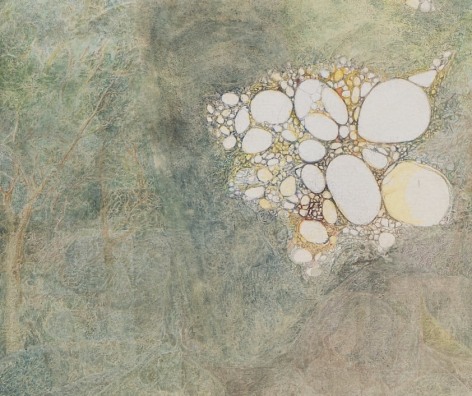 A close up of the center of the drawing, which shows us the empty circles and the abstracted spindles of the forrest.