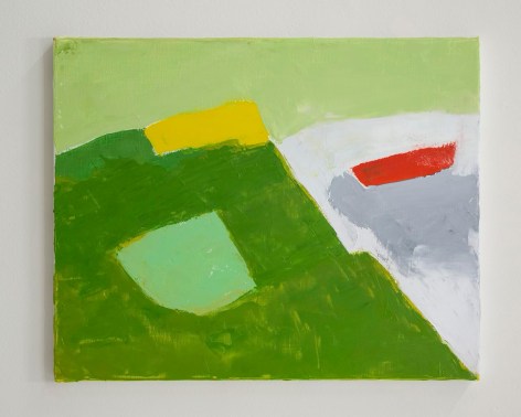 An abstract painting of a mountain in tones of green, yellow, and white